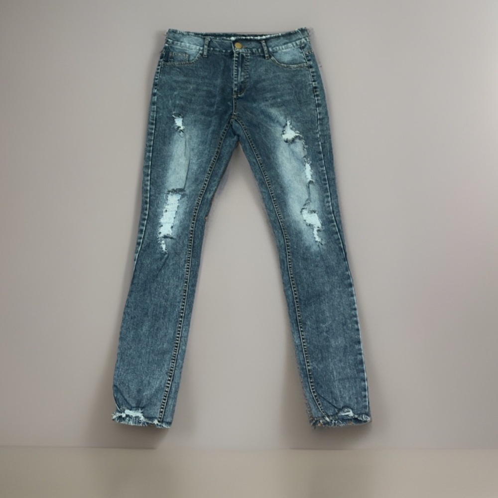 Women’s Fringe Waist W/Distressed & Rips On Front Faded Back Skinny Denim Jeans